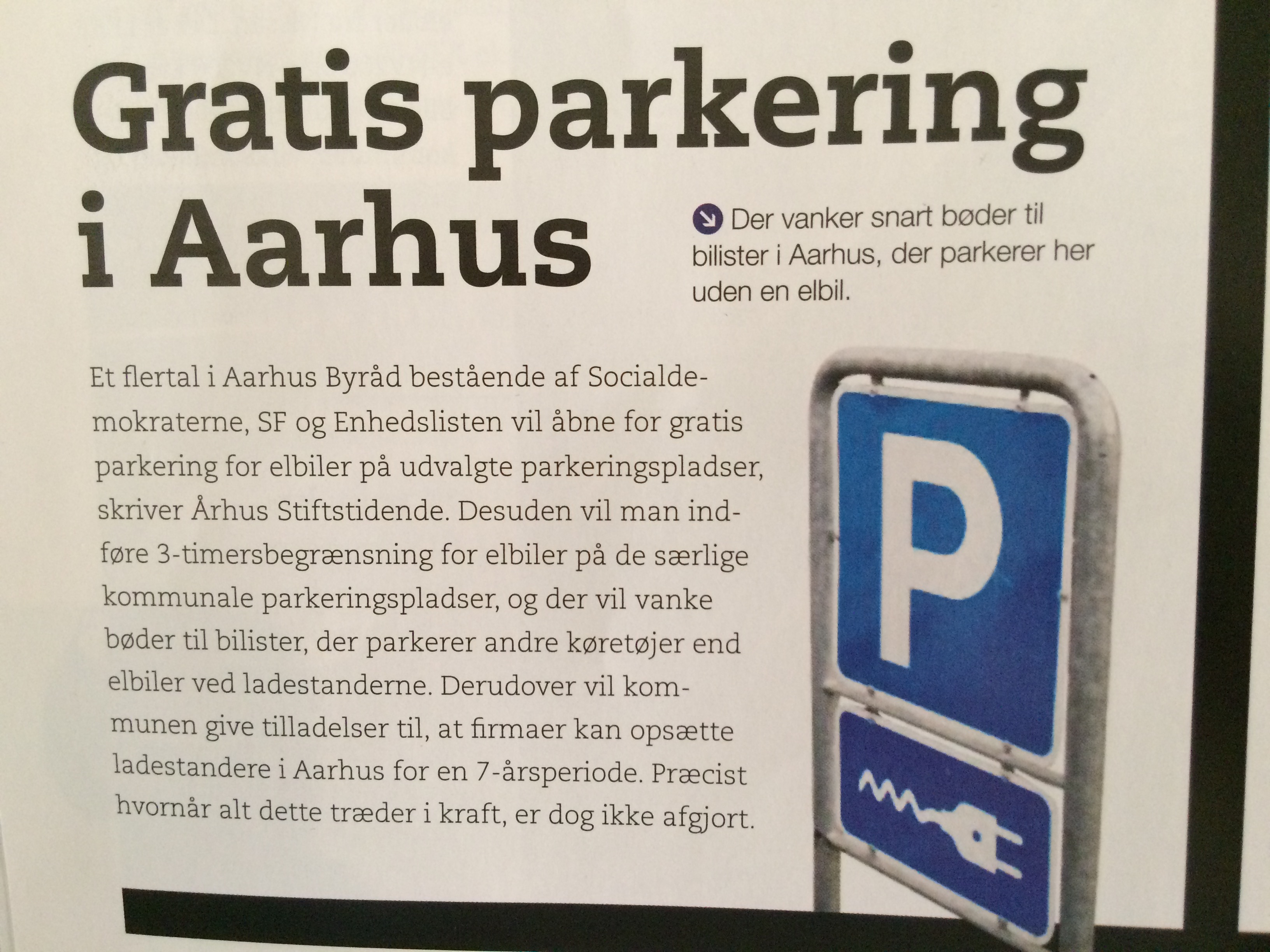 Artikel fra GO om kommende nye regler for elbil-parkering i Århus